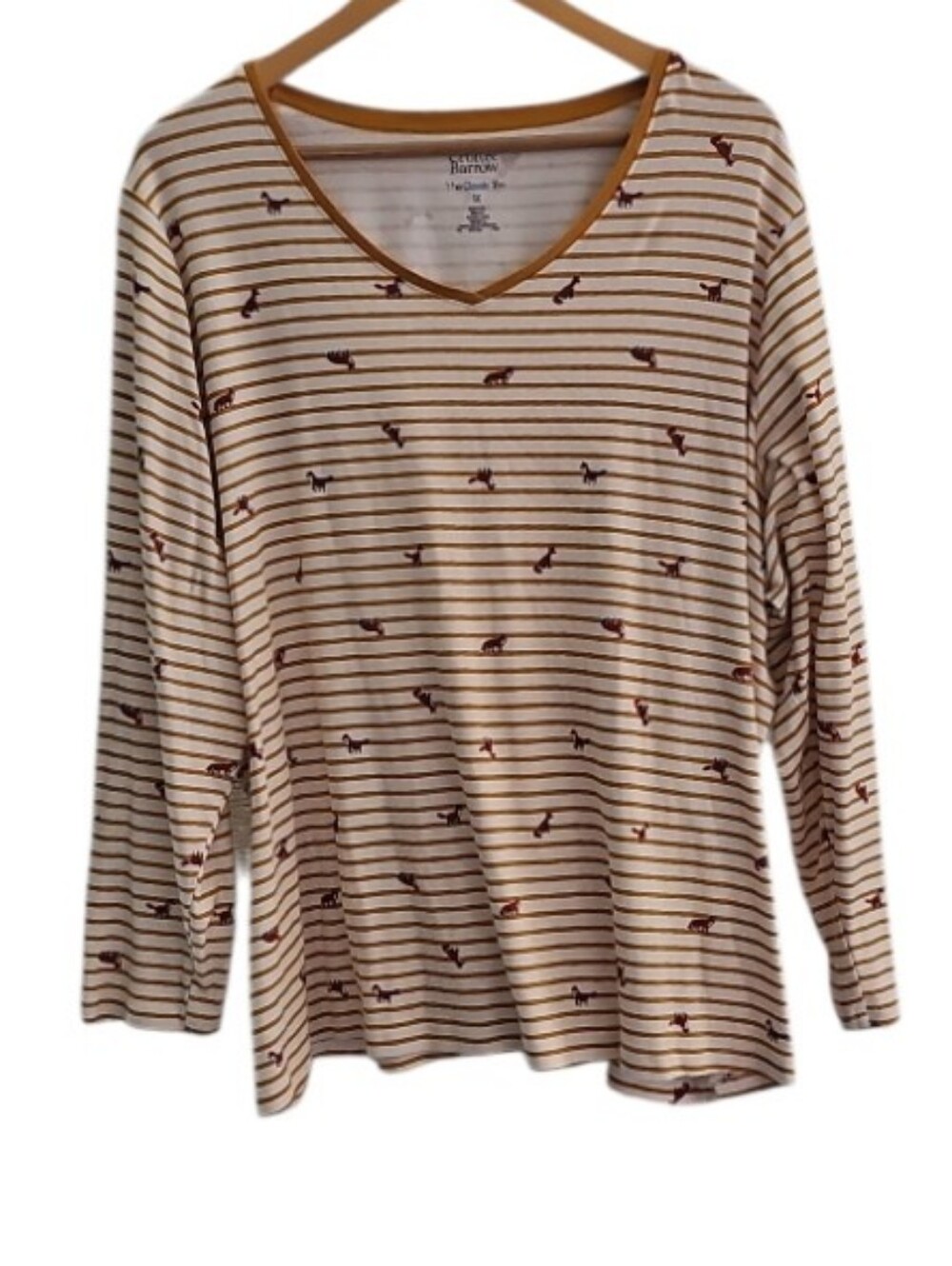 Fox Print Striped Shirt Women 3X Cotton Woodland Cottagecore Fall Long Sleeve